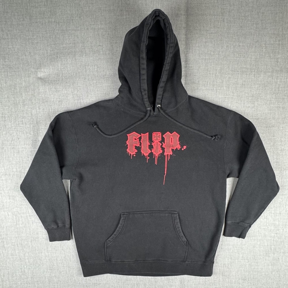 Vintage Flip Skateboards Hoodie Mens XL Black Red Drip Logo Pullover Sweatshirt